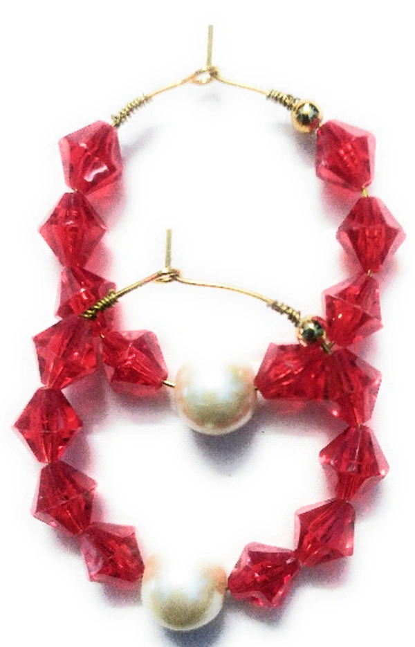 NIBRAS Red Tyre-Cut Crystal Pearl Hoop Earrings - B09JM7B24J, 7 gm, 4.5cm x 4.5cm x 1cm
